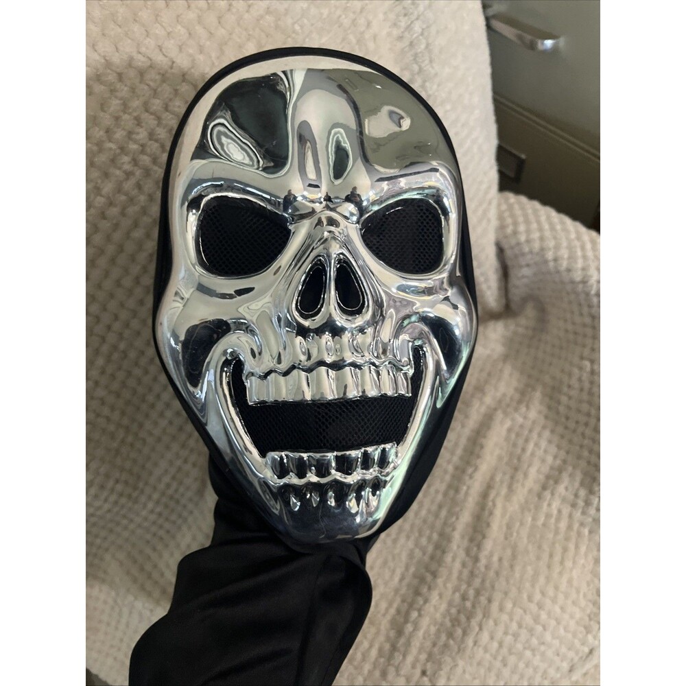 Vintage Silver Metallic Skull Halloween Mask with an attached Black Fabric Hood
